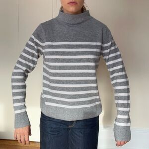 Vince Striped Funnel Neck Sweater - Cashmere/Wool Blend Grey & White Stripes